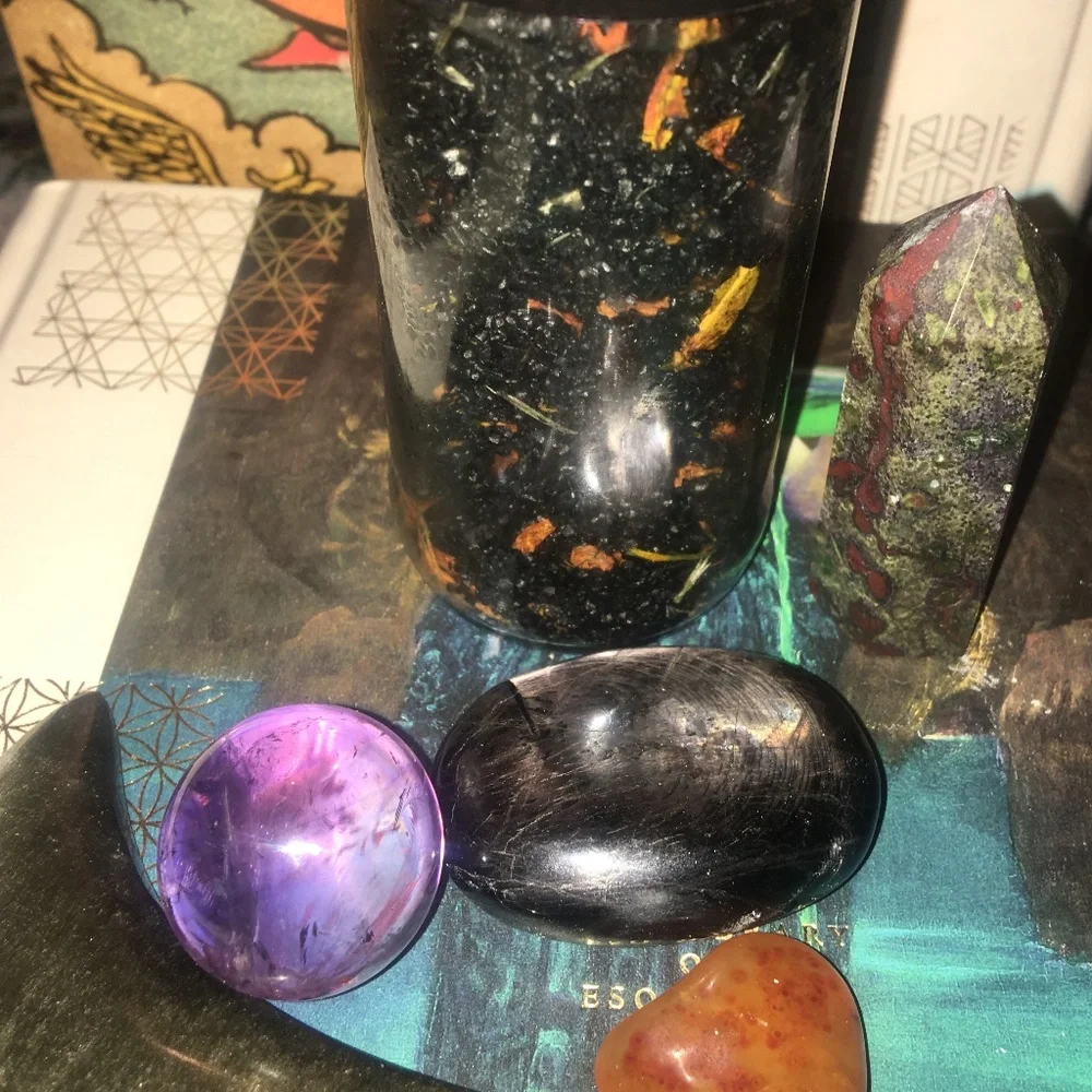 Samhain black volcanic lava bath salts handmade- marigold petals frankincense
